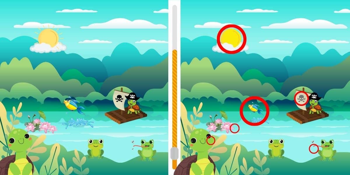 Can you spot the 6 differences in the frog lake scene? challenge yourself to complete it in less than 20 seconds!