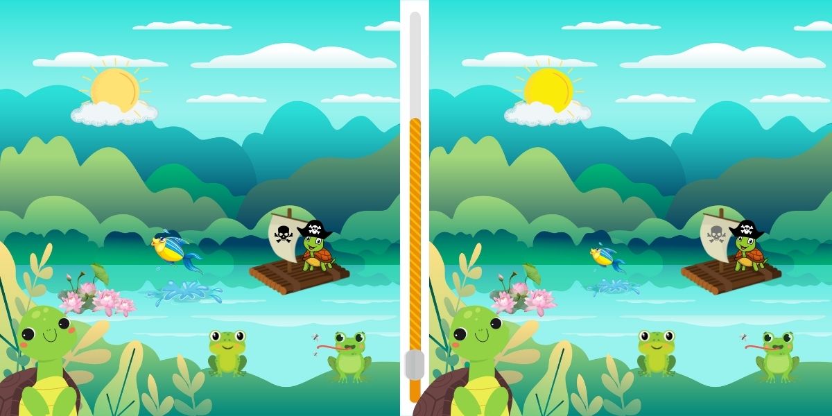 Can you spot the 6 differences in the frog lake scene? challenge yourself to complete it in less than 20 seconds!