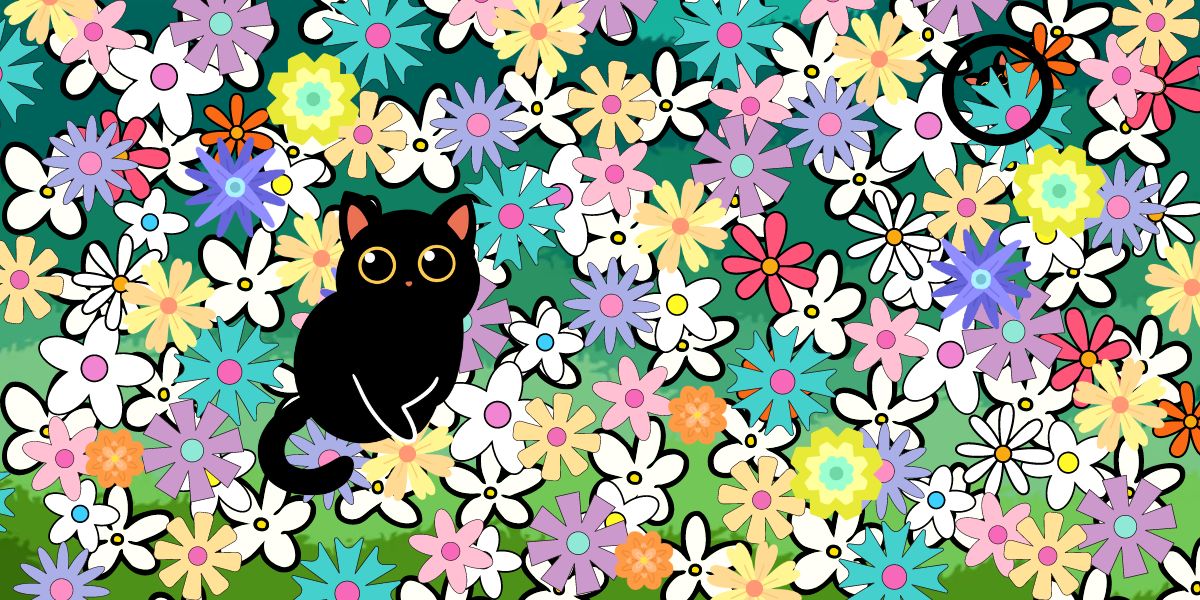 Find the kitten brain teaser: can you spot the lost kitten among the flowers in 10 seconds or less?