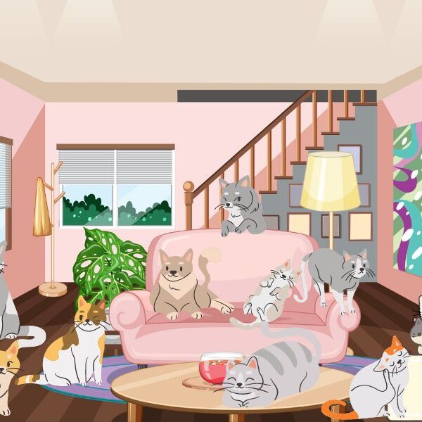 Find the pup brain teaser challenge: can you spot the pup hiding in the lounge with these kitties in 4 seconds or less?